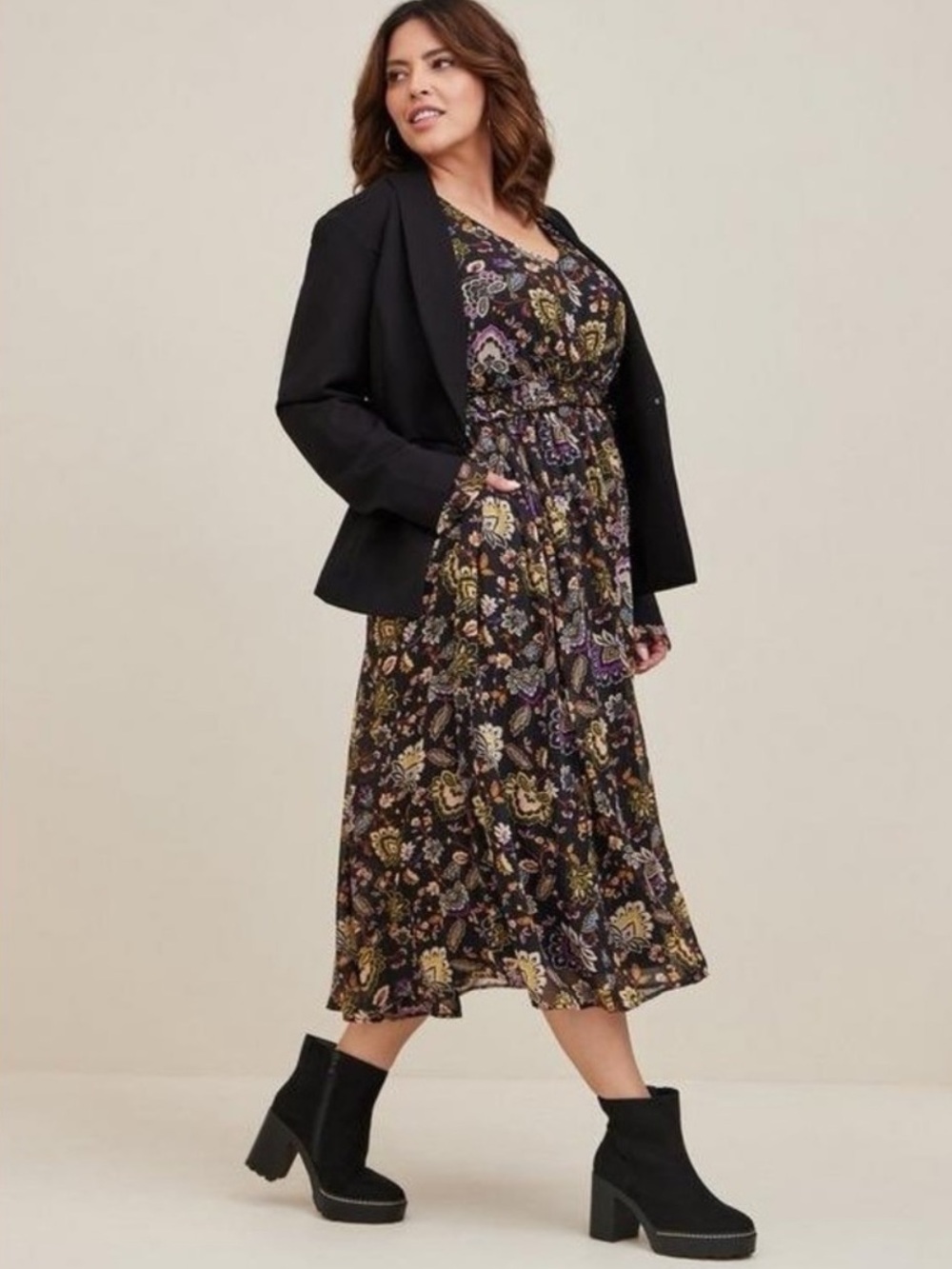 Torrid Black Floral Paisley Chiffon Midi Dress Metallic Pinstripe Size 3X